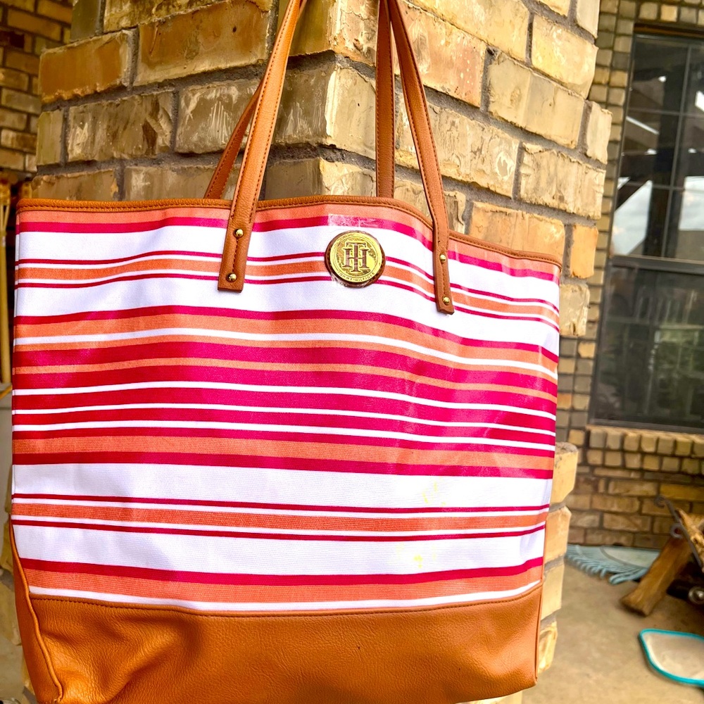 Tommy Hilfiger Leather Striped Tote L 18” W 6” H 13” NEW Without Tags